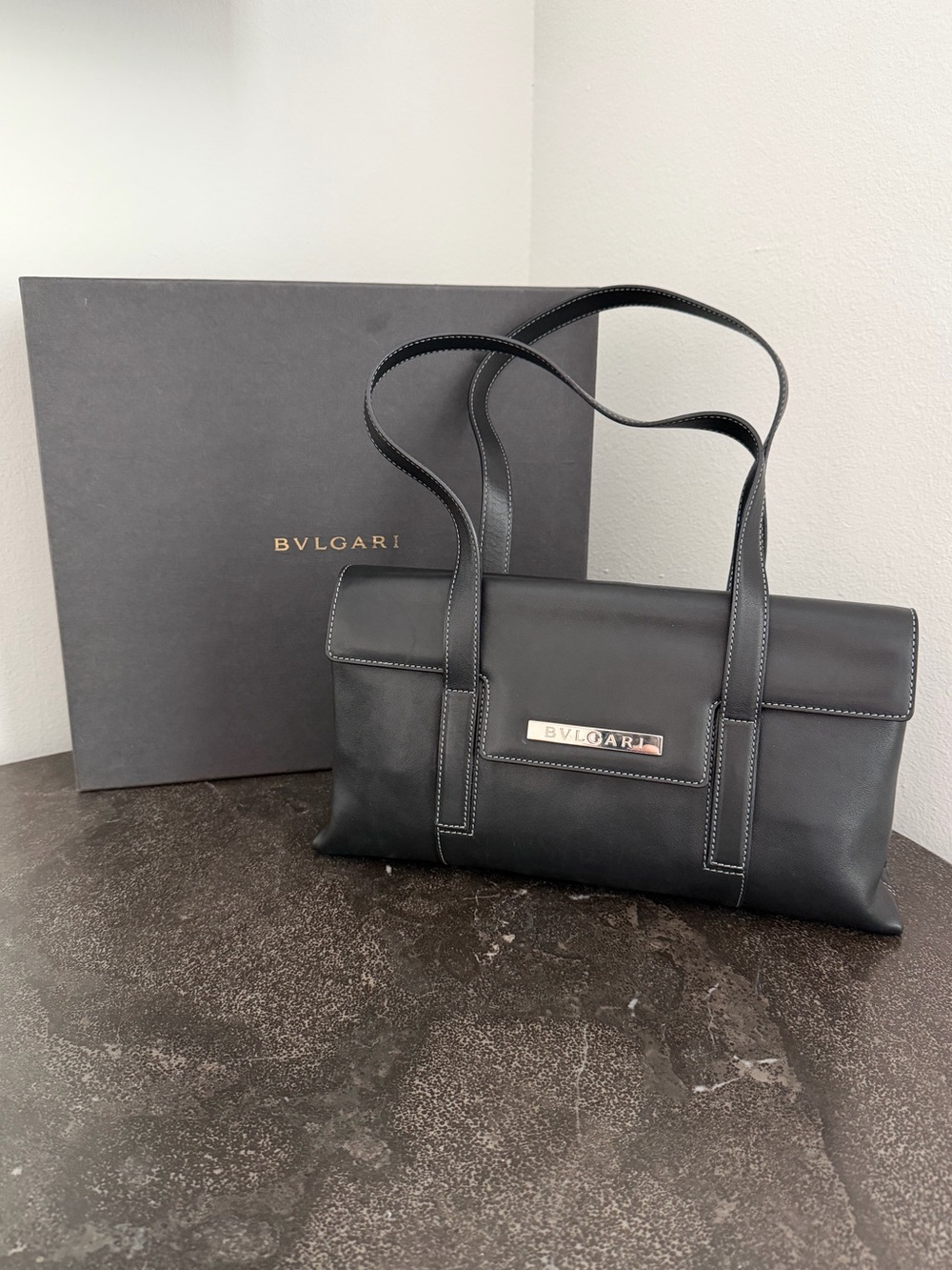 Bulgari Vintage Black Leather Shoulder Tote with Logo Plate Full Set - Pre-Loved